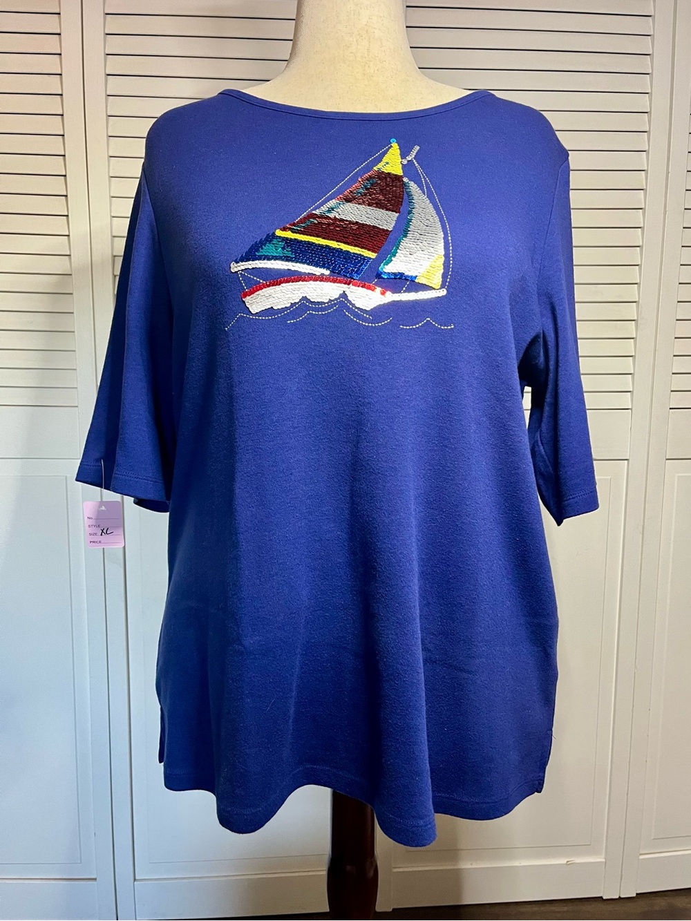 Quacker Factory Royal Blue Embroidered Sailboat Short Sleeve Tee
